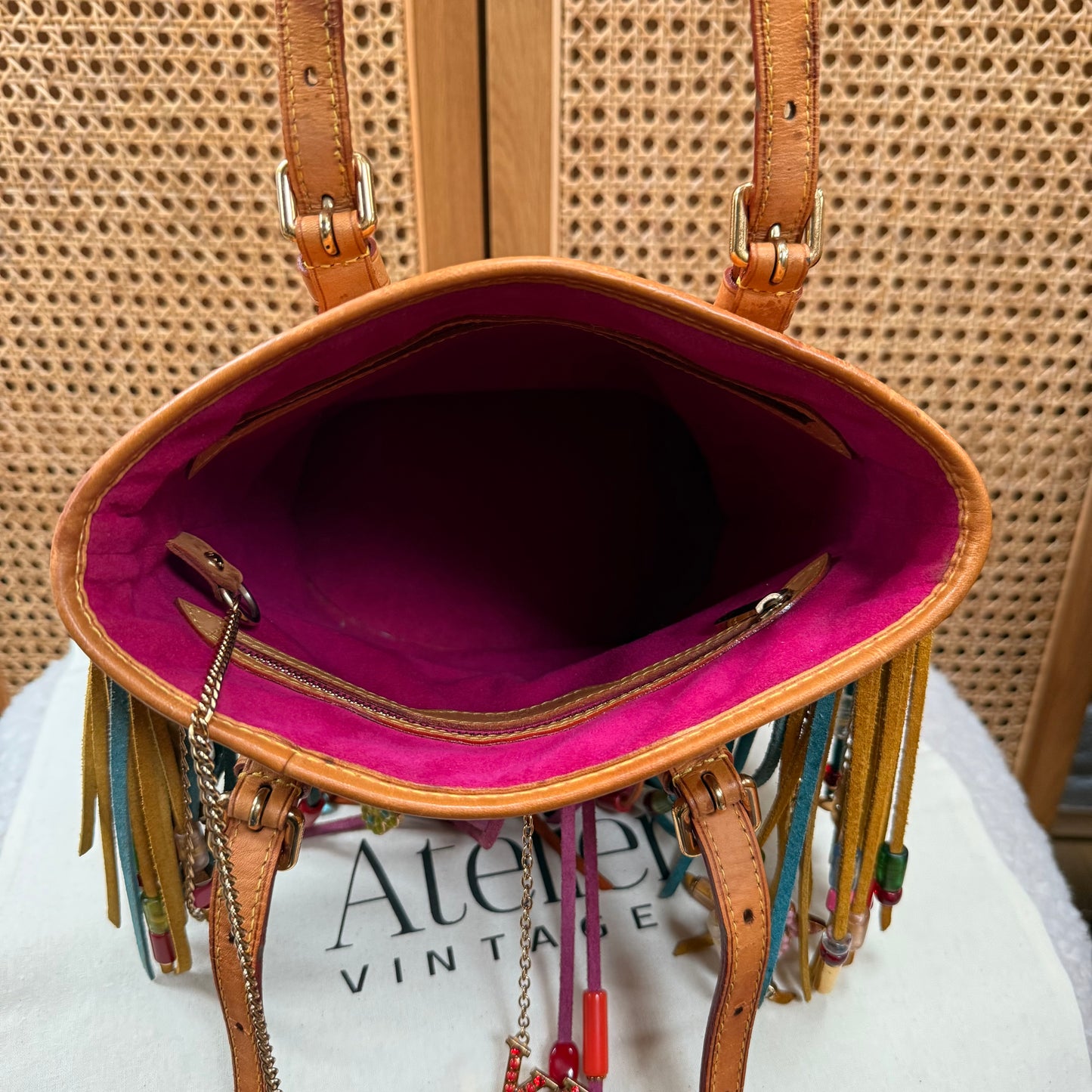 Louis Vuitton 2006 ULTRA RARE Murakami Suede and Beaded Fringe Bucket Bag