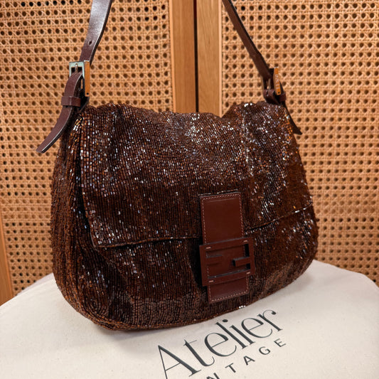 Fendi 2000 Rare Mamma Baguette Bronze - Limited Edition full glass beaded with chocolate leather