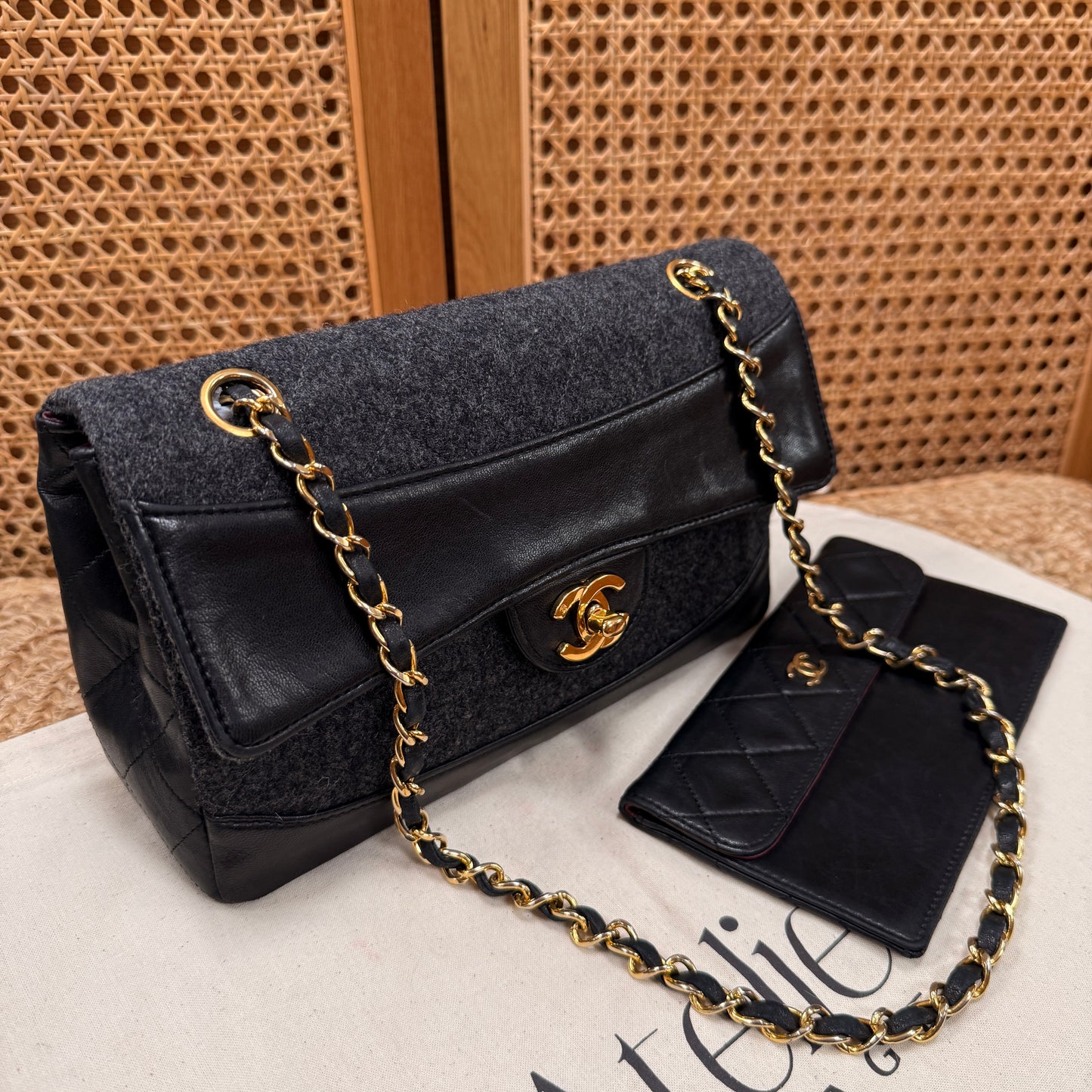 Chanel 1989 Rare Charcoal Tweed Wood & Black Leather Single flap & Purse Set