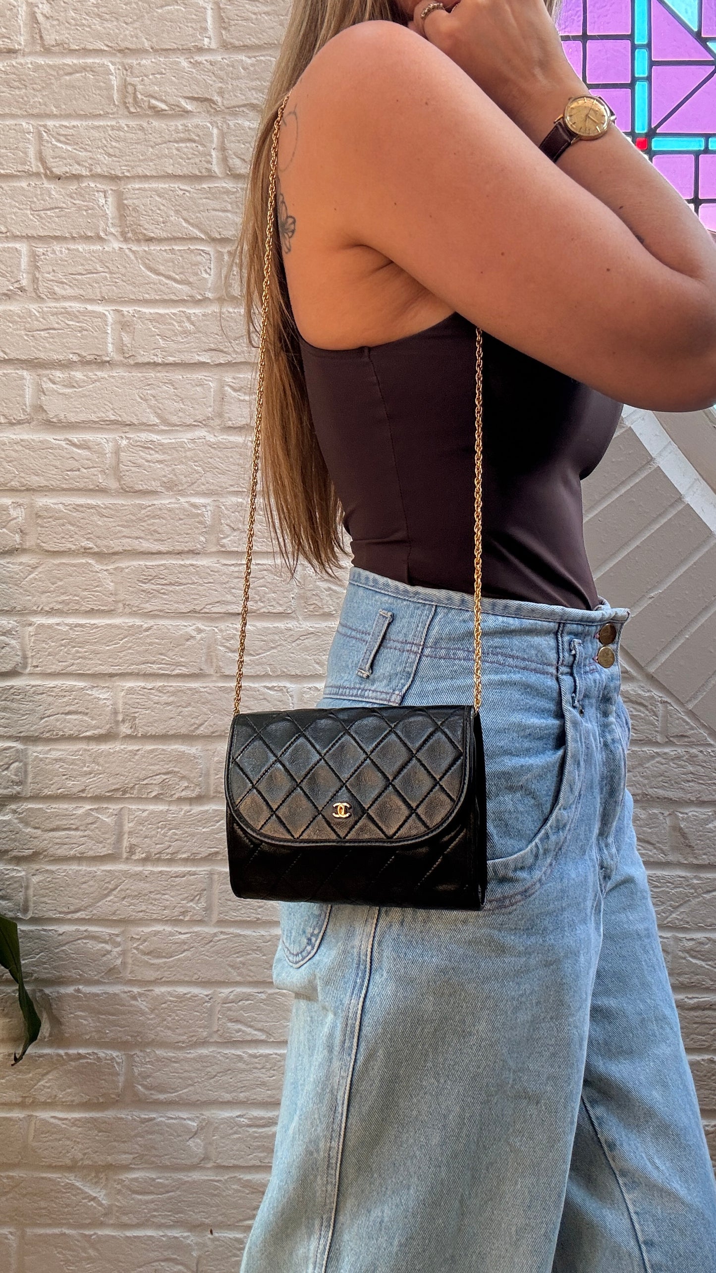Chanel Early 1980s Rare Black Lambskin Leather Single flap Cross Body