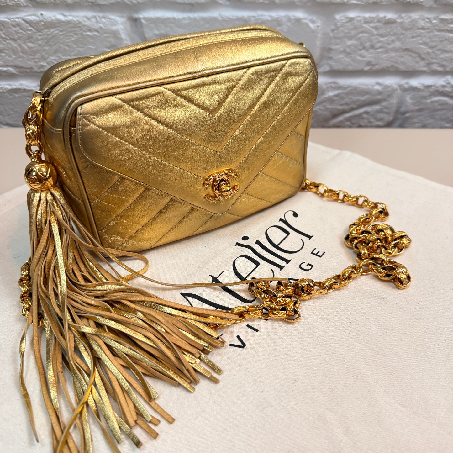 Chanel 1991 Ultra Rare Chevron Quilted Turnlock Camera Bag in Gold Lambskin Leather with 24k gold hardware