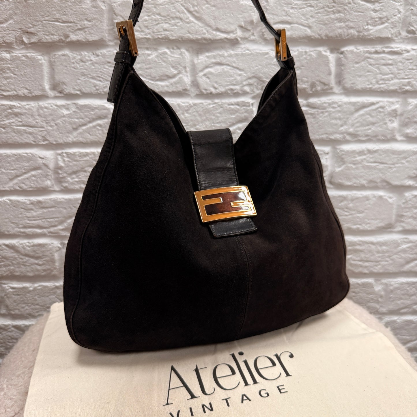 Fendi Rare Fendi Baguette Cross Body Tote in black suede with limited edition enamel closure