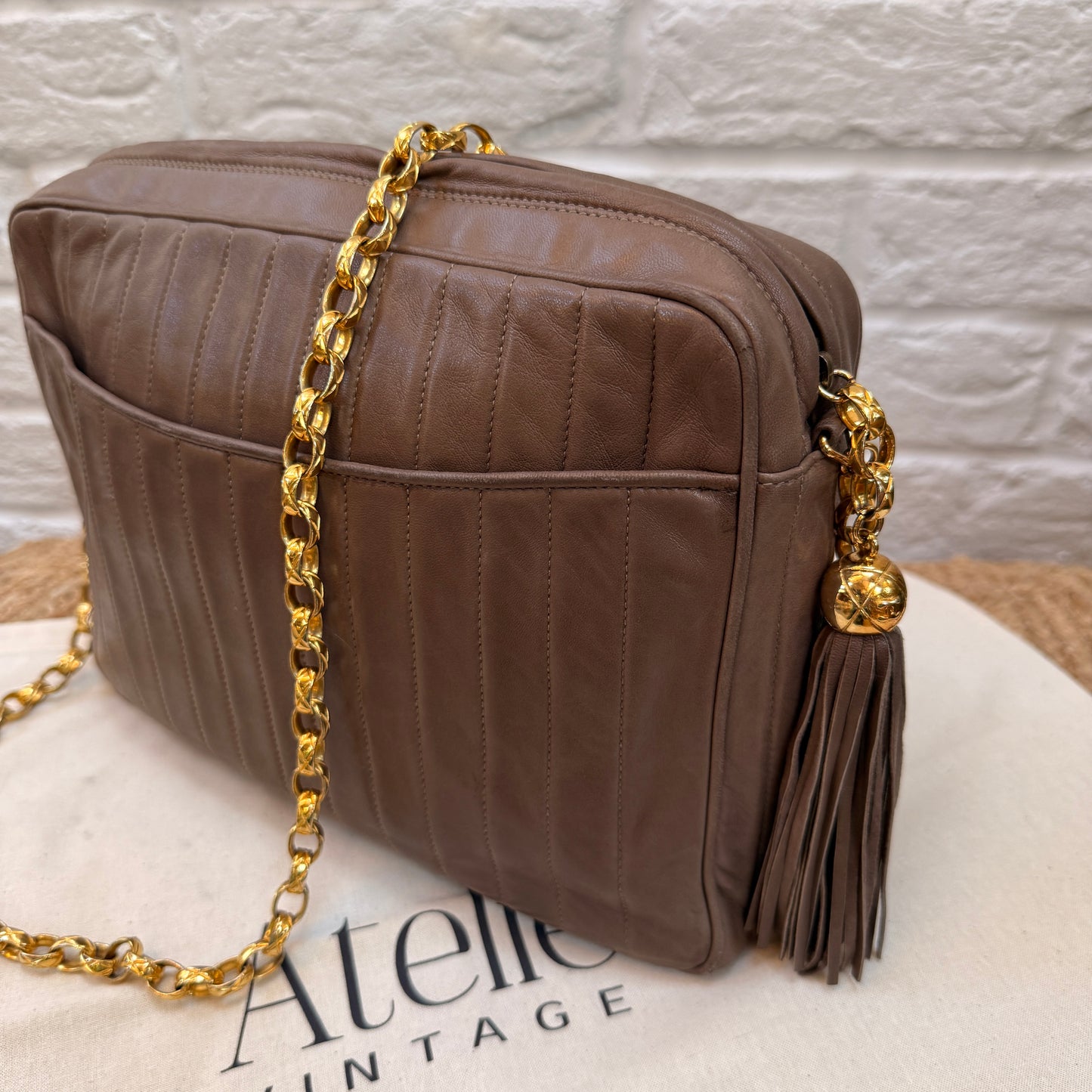 Chanel Rare 1980s Mademoiselle Camera Bag with Bijoux chain in Taupe
