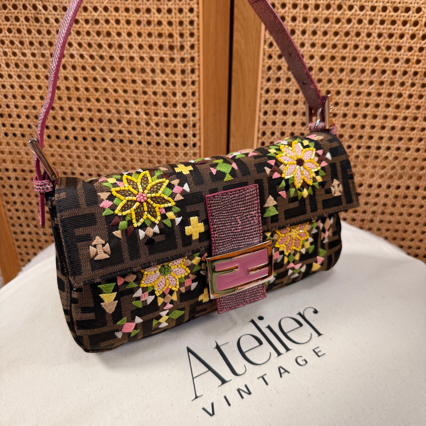 Fendi 2004 Rare Baguette Embroidered Zucca Print - Limited Edition glass bead and embroidered with exotic leather