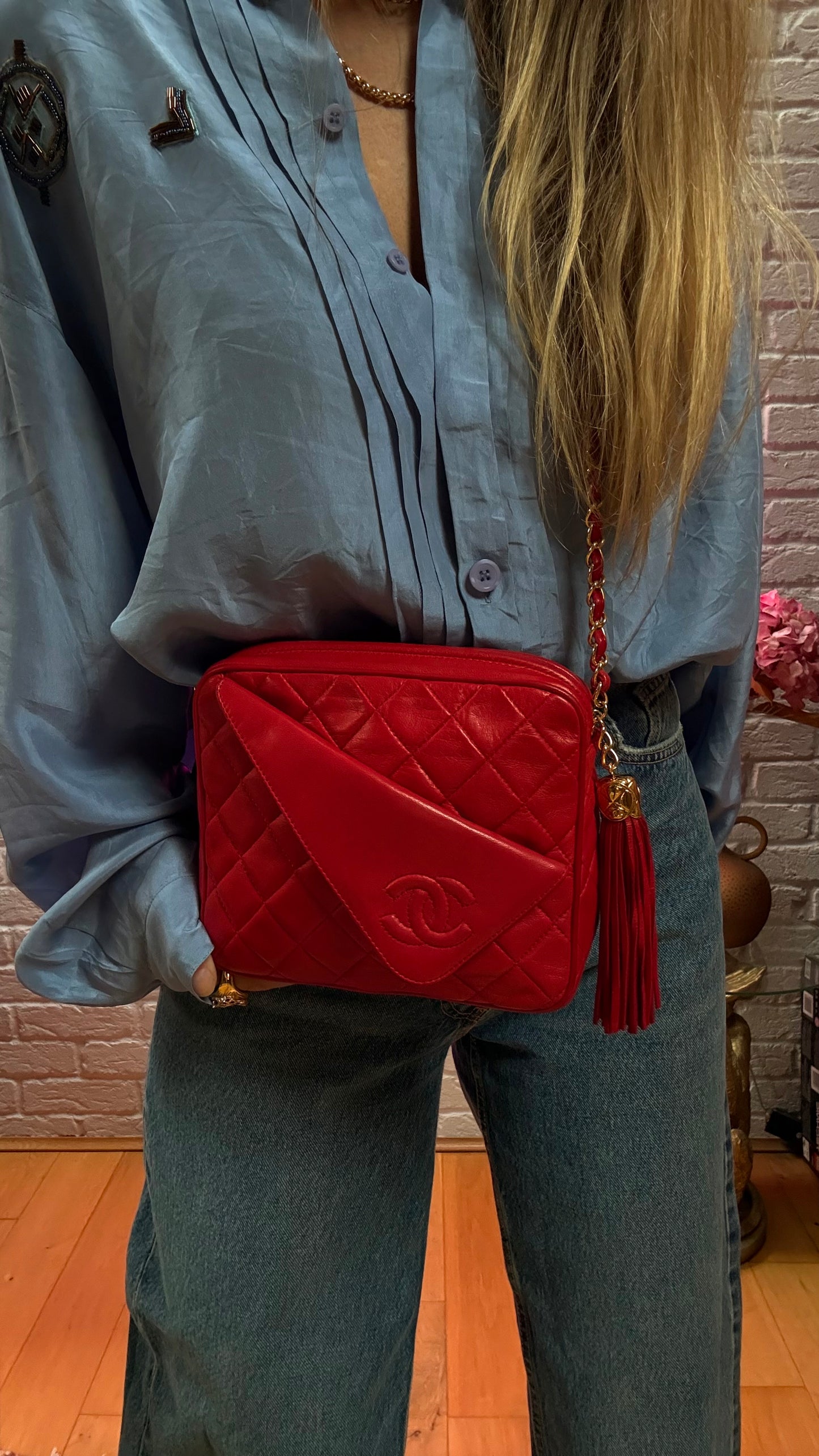 Chanel 1989 Red Quilted Tassel Camera Bag