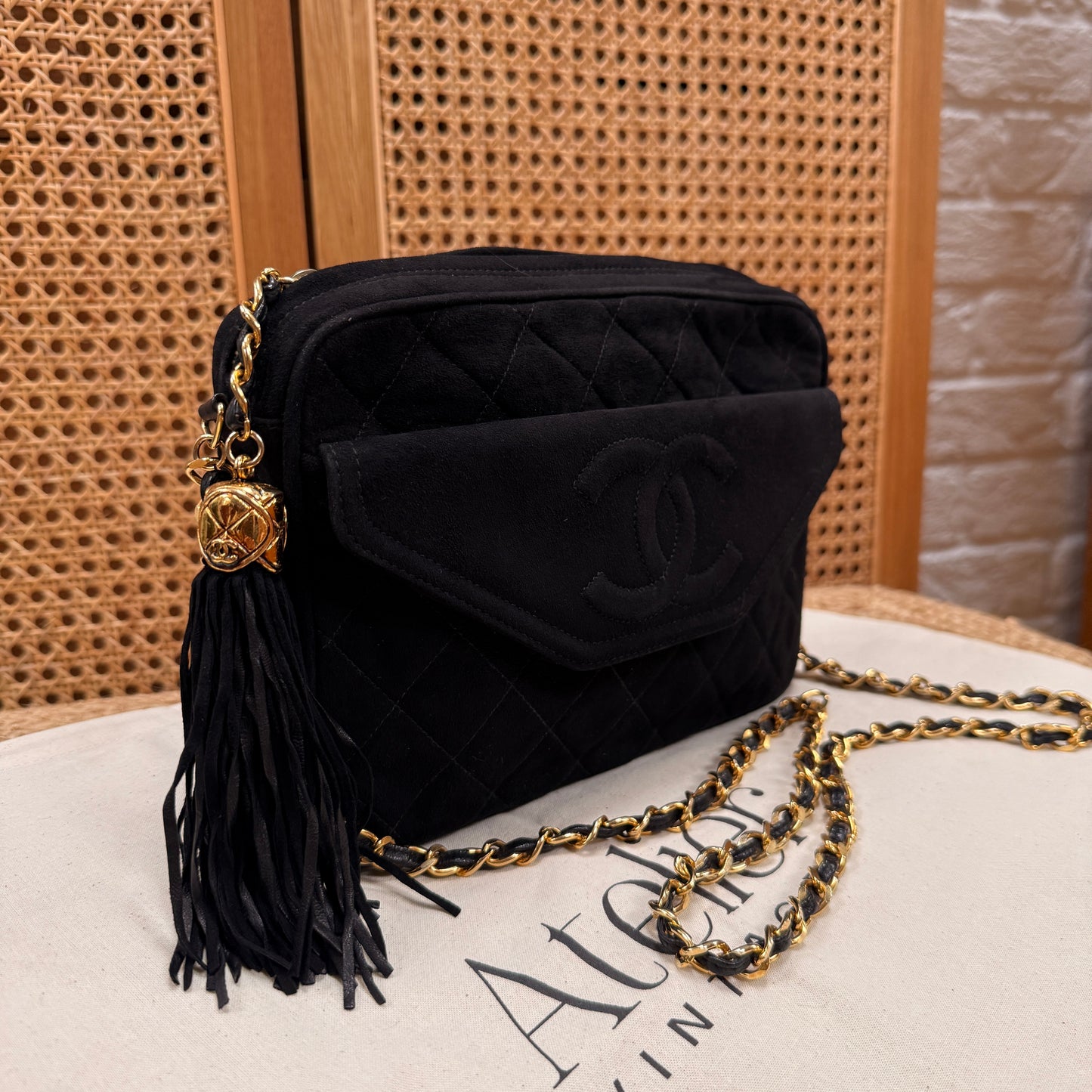 Chanel 1989 Rare Black Suede Front Flap Camera Bag