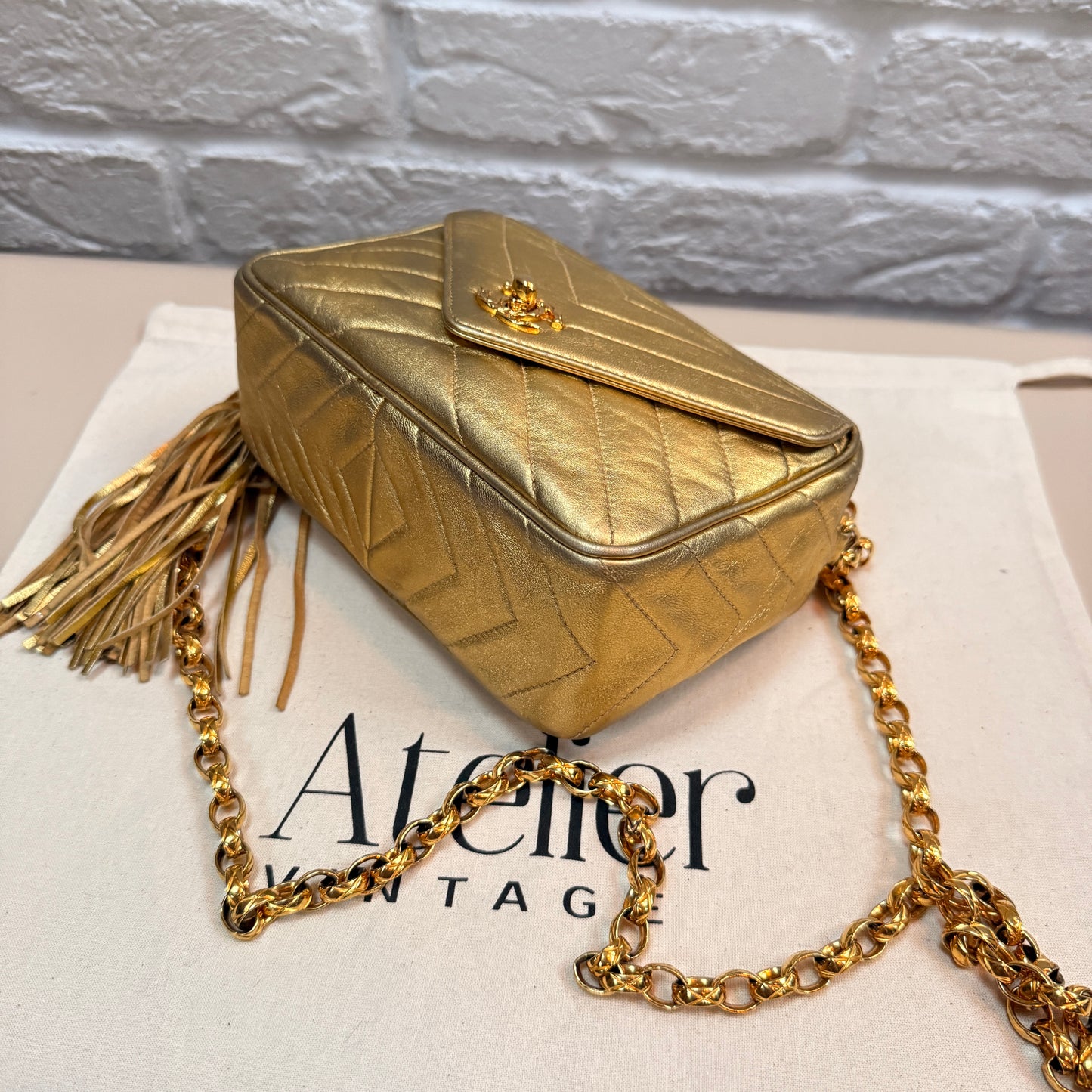 Chanel 1991 Ultra Rare Chevron Quilted Turnlock Camera Bag in Gold Lambskin Leather with 24k gold hardware