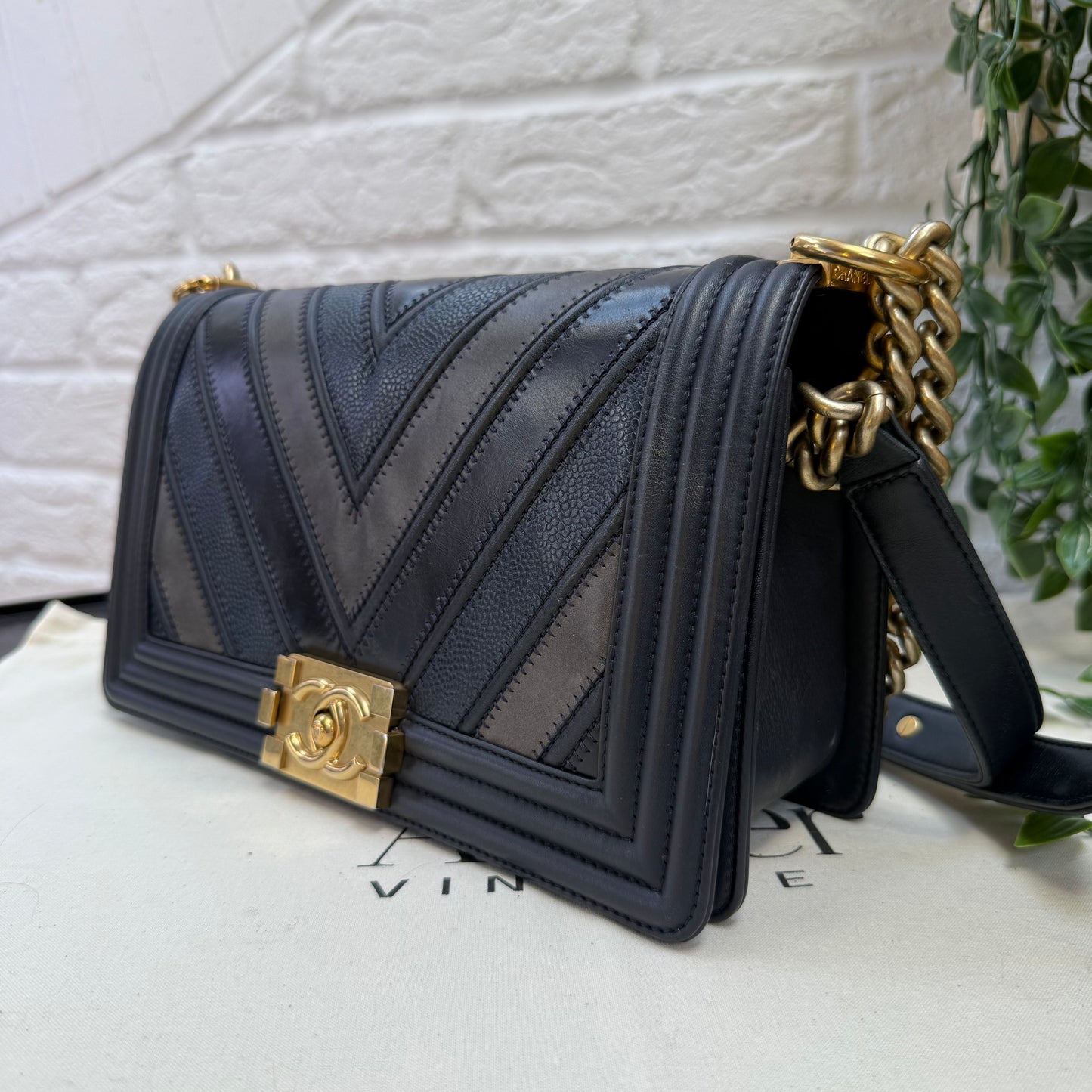 Chanel 2016 Rare Navy Le Boy Caviar & Calf Skin Chevron Old Medium
