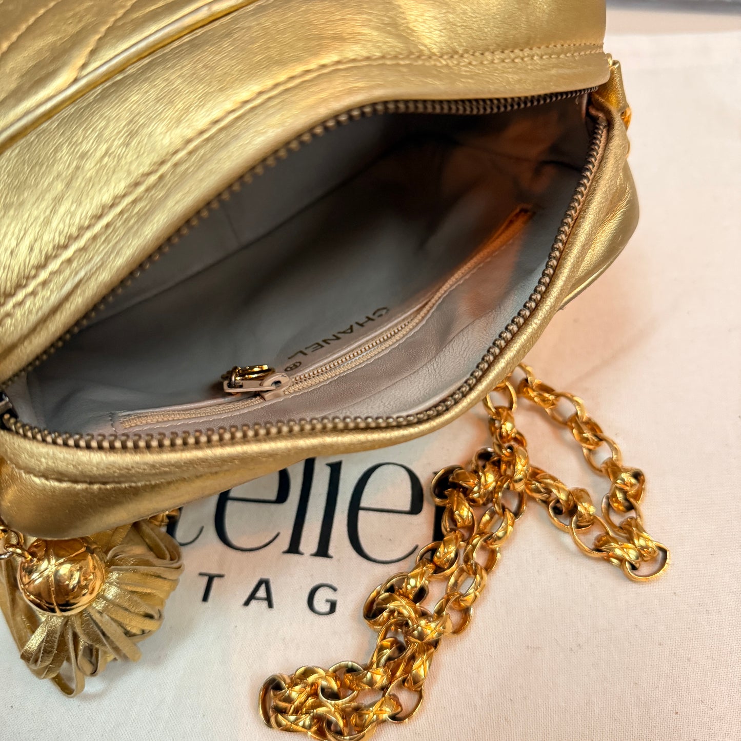 Chanel 1991 Ultra Rare Chevron Quilted Turnlock Camera Bag in Gold Lambskin Leather with 24k gold hardware