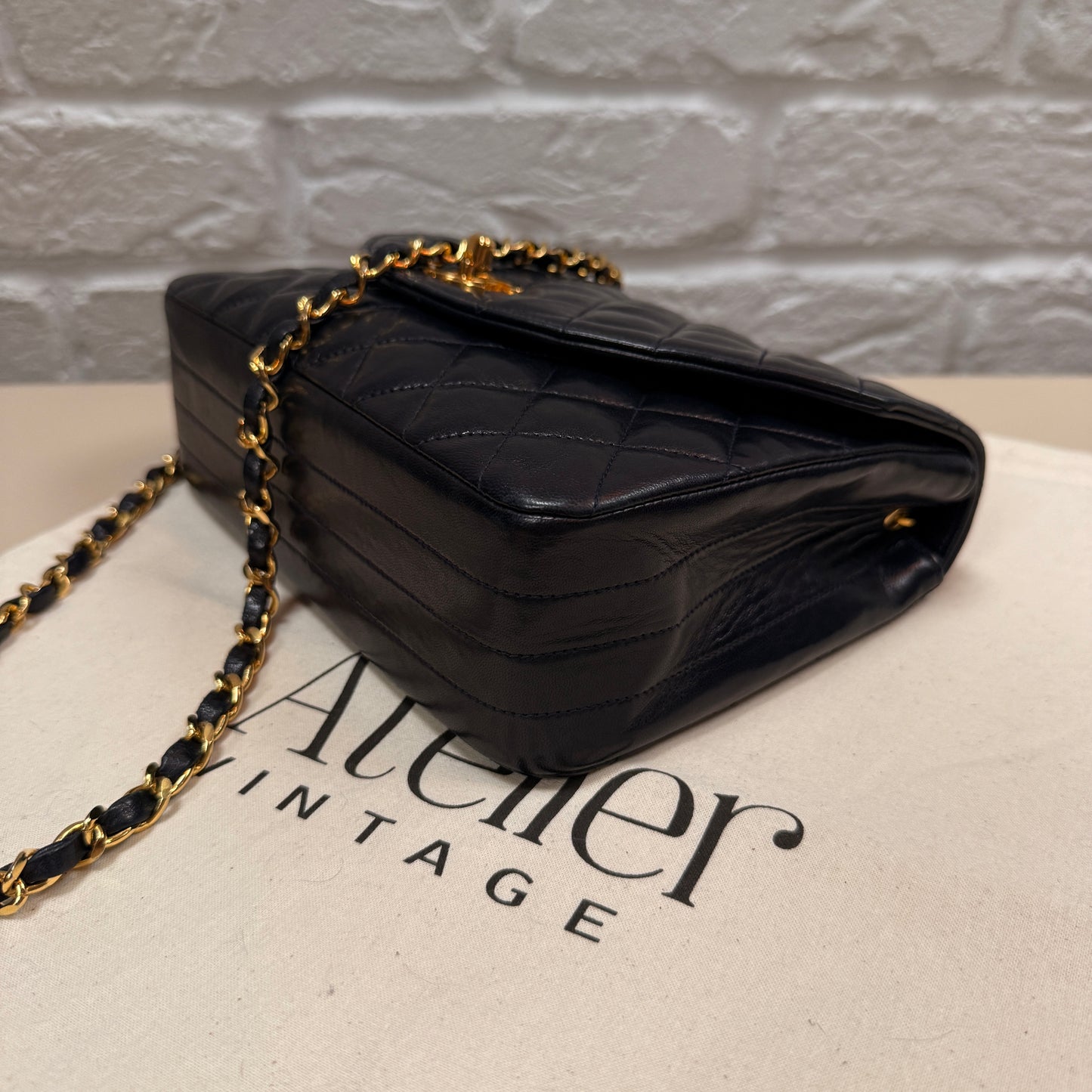 Chanel 1986 Rare Navy Lambskin Half Moon Single Flap with 24k Gold Hardware