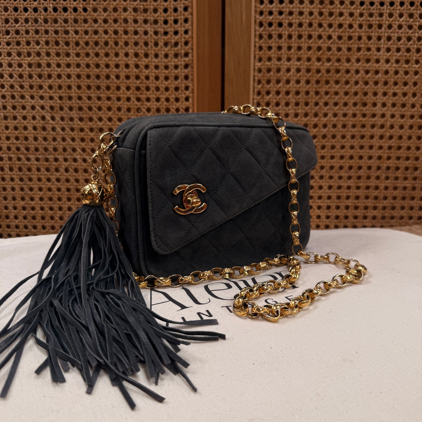 Chanel 1994 rare camera bag with bijoux chain in slate grey suede