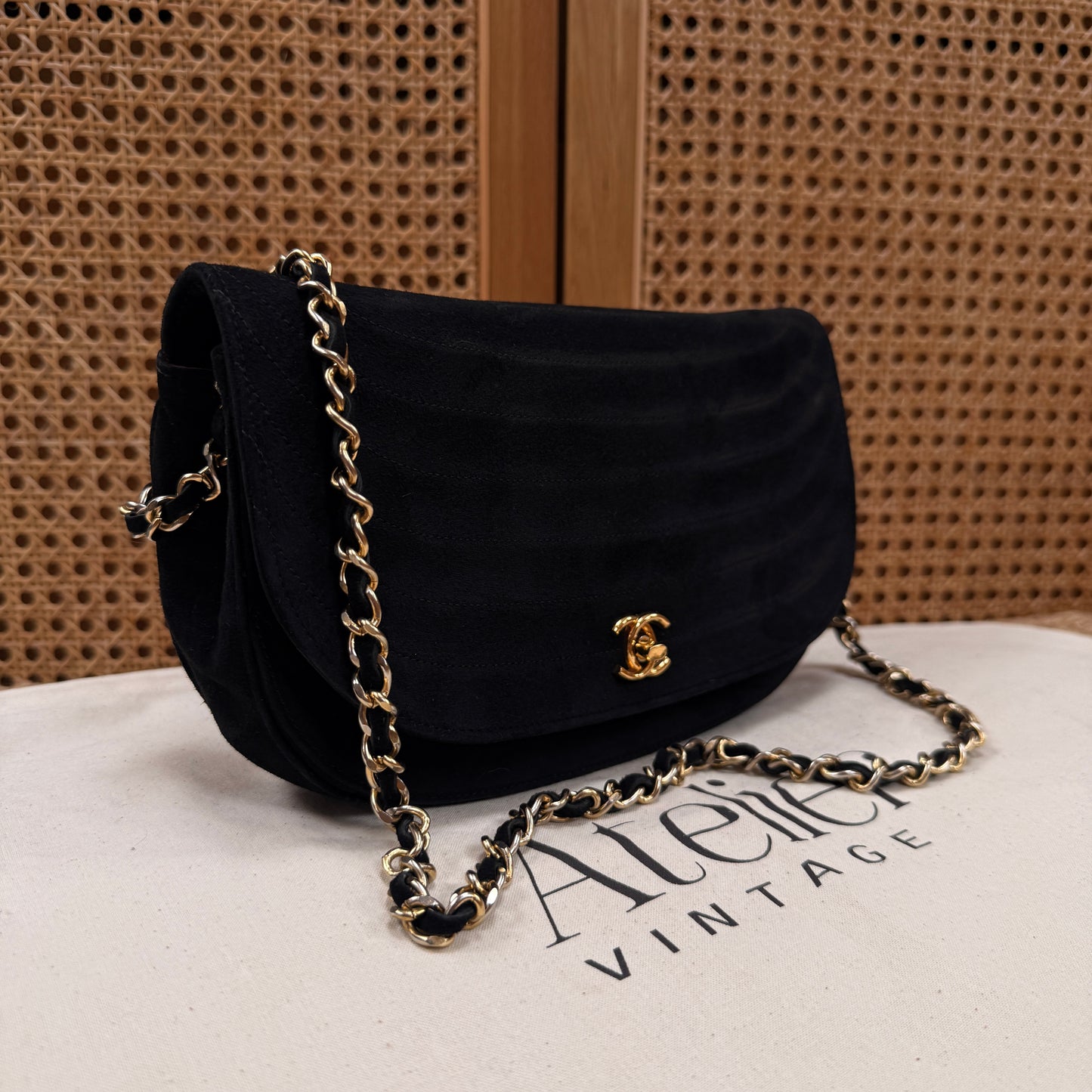 Chanel Rare early 1980s half moon quilted single flap in black suede