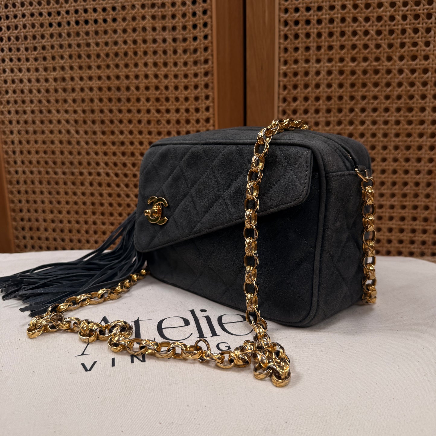 Chanel 1994 rare camera bag with bijoux chain in slate grey suede