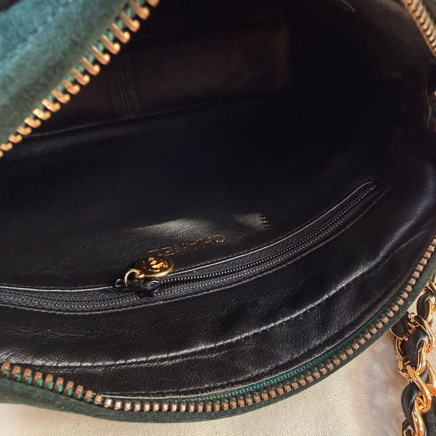 Chanel 1991 Green Suede Camera bag with 24k gold hardware