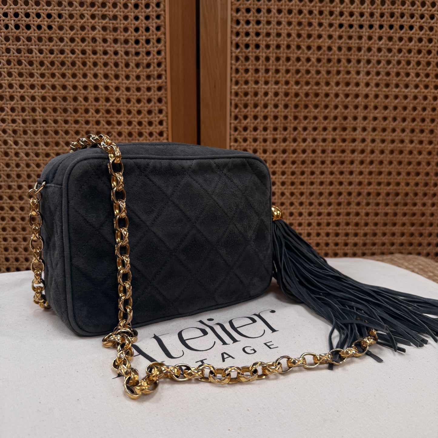 Chanel 1994 rare camera bag with bijoux chain in slate grey suede