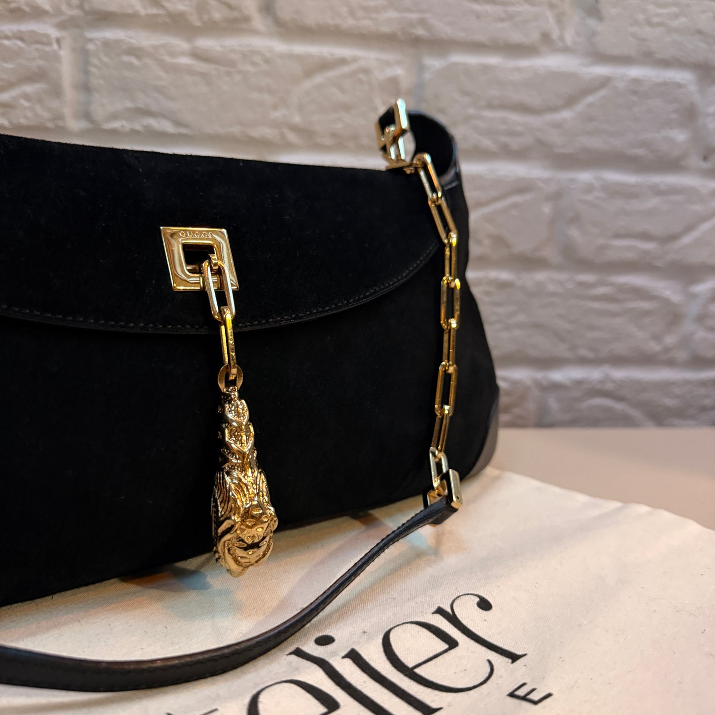 Gucci 1990s Gucci X Tom Ford Black Suede Tigers Head Cross Body