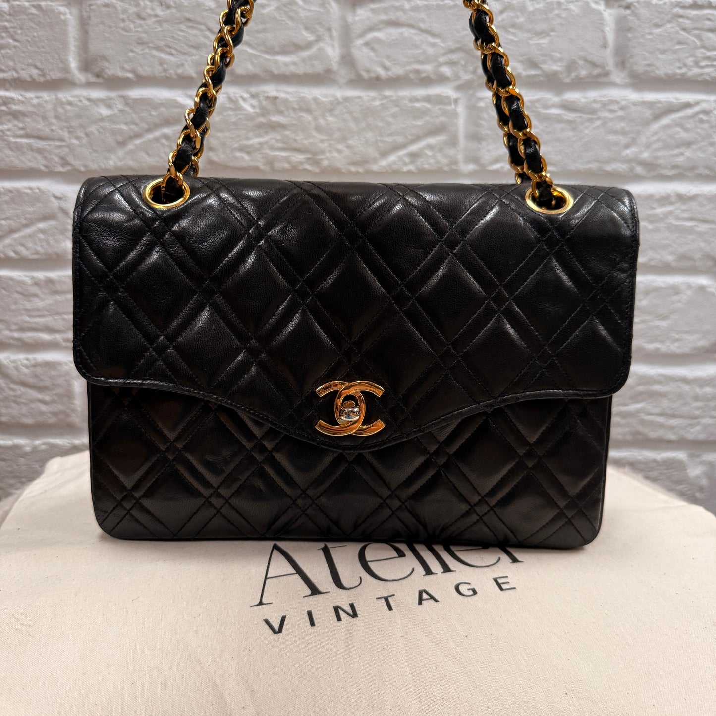 Chanel Early 1980s Rare Chanel Double Diamond Quilted Two Way Single Flap in black