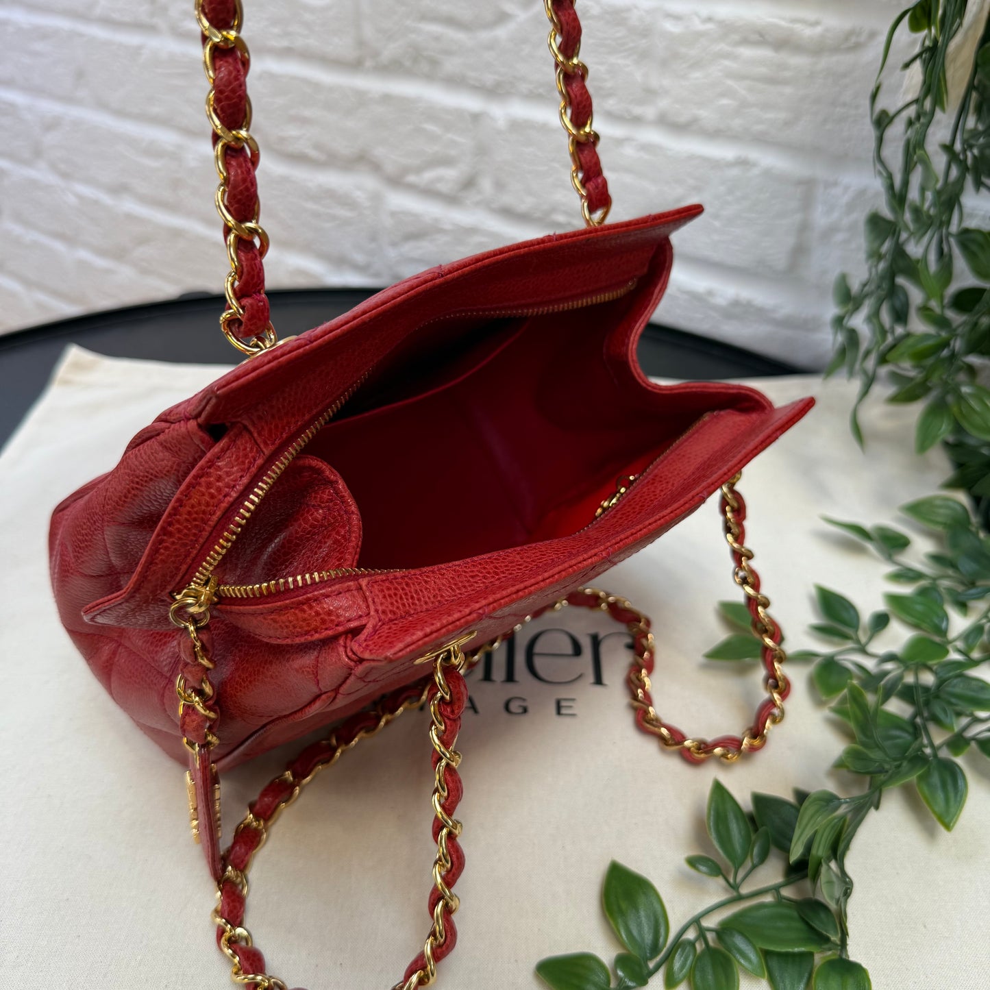 Chanel 1989 Chanel Red Caviar CC Quilted Shoulder Bag