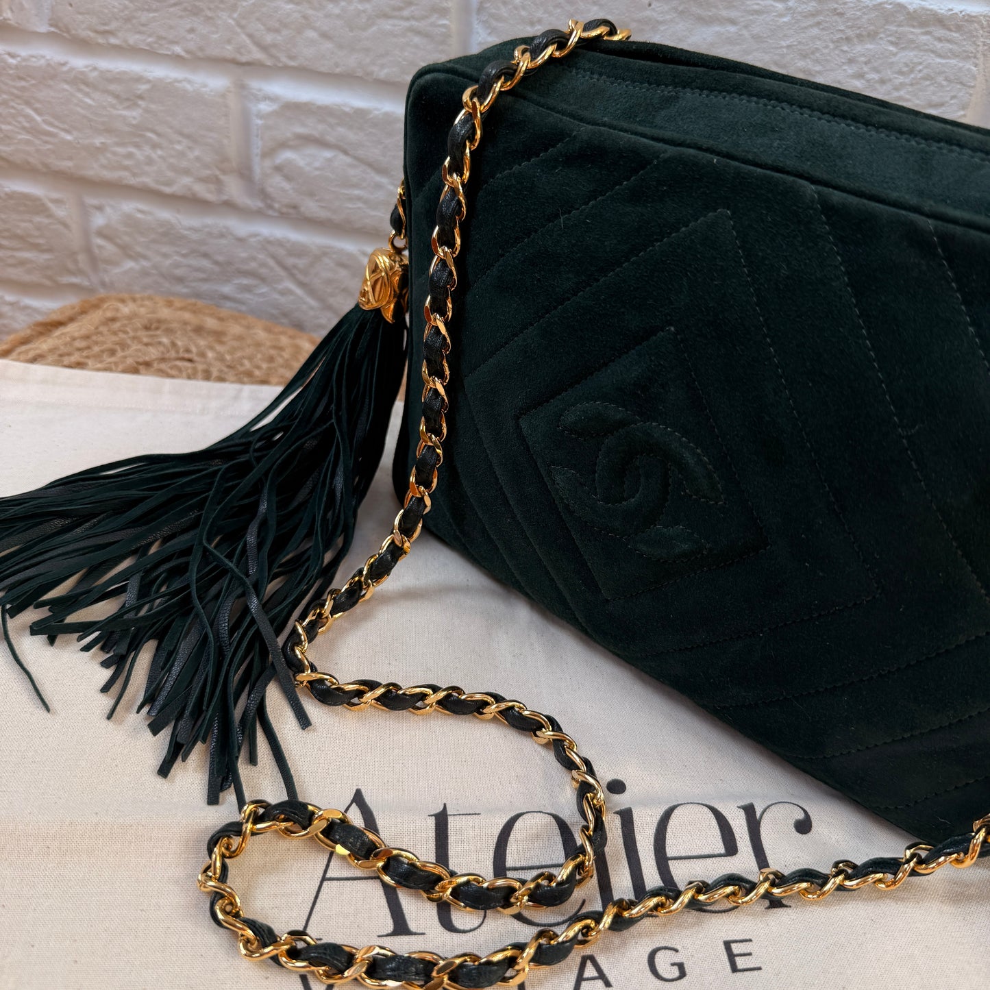 Chanel 1991 Green Suede Camera bag with 24k gold hardware