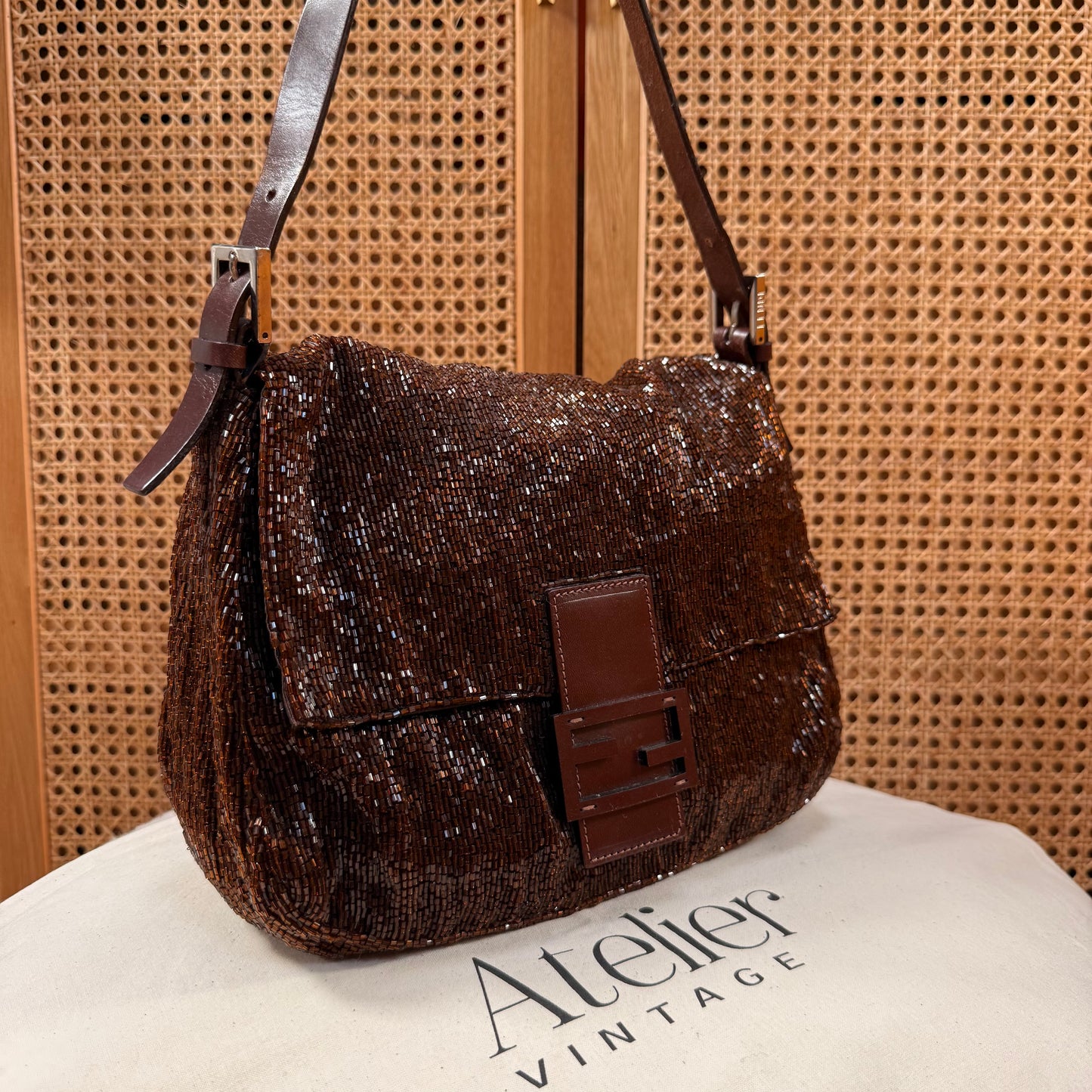 Fendi 2000 Rare Mamma Baguette Bronze - Limited Edition full glass beaded with chocolate leather