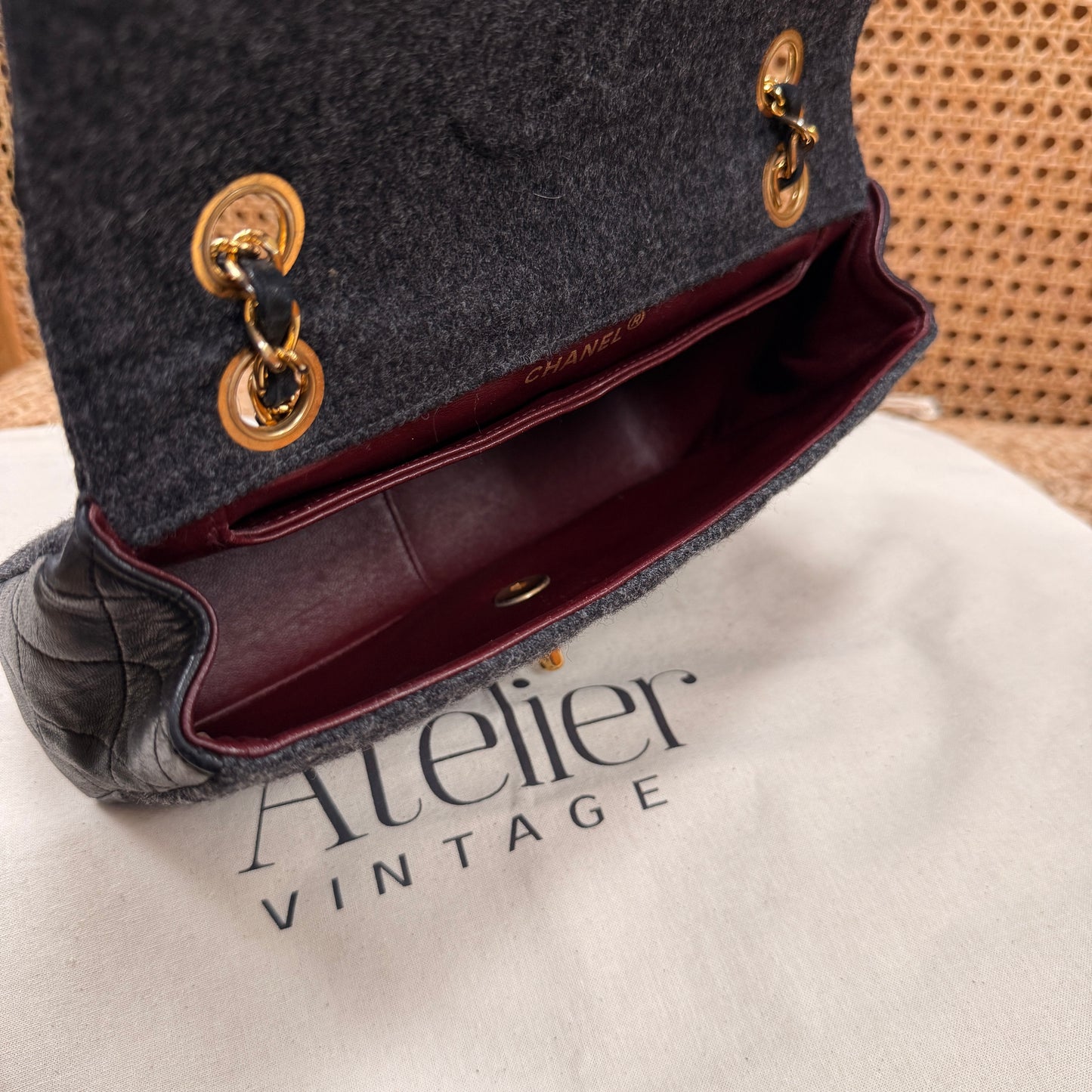 Chanel 1989 Rare Charcoal Tweed Wood & Black Leather Single flap & Purse Set