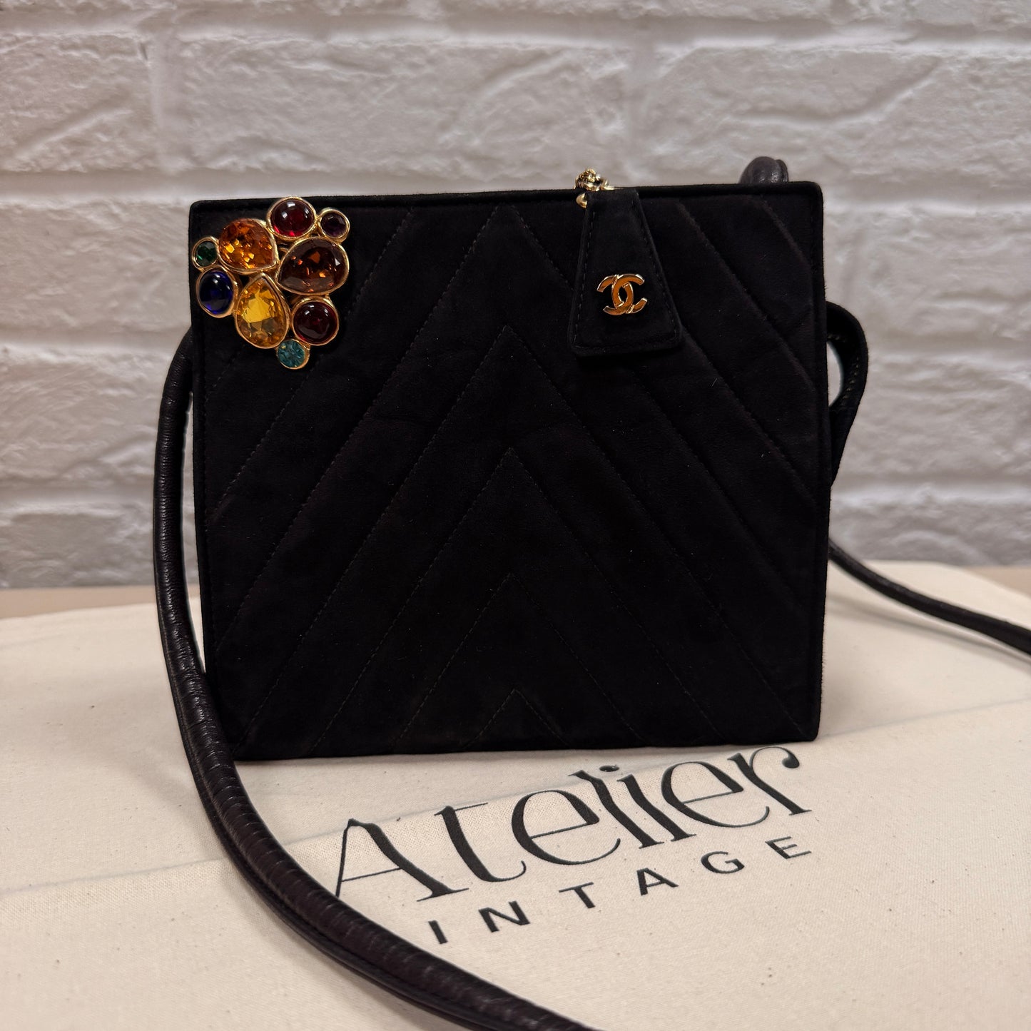 Chanel 1989 Chanel Black Suede & Leather Cross body with rare Gripoix Stone and CC charm Zip Pull