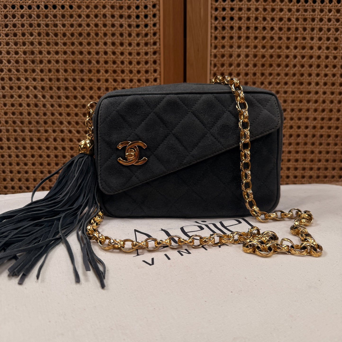 Chanel 1994 rare camera bag with bijoux chain in slate grey suede