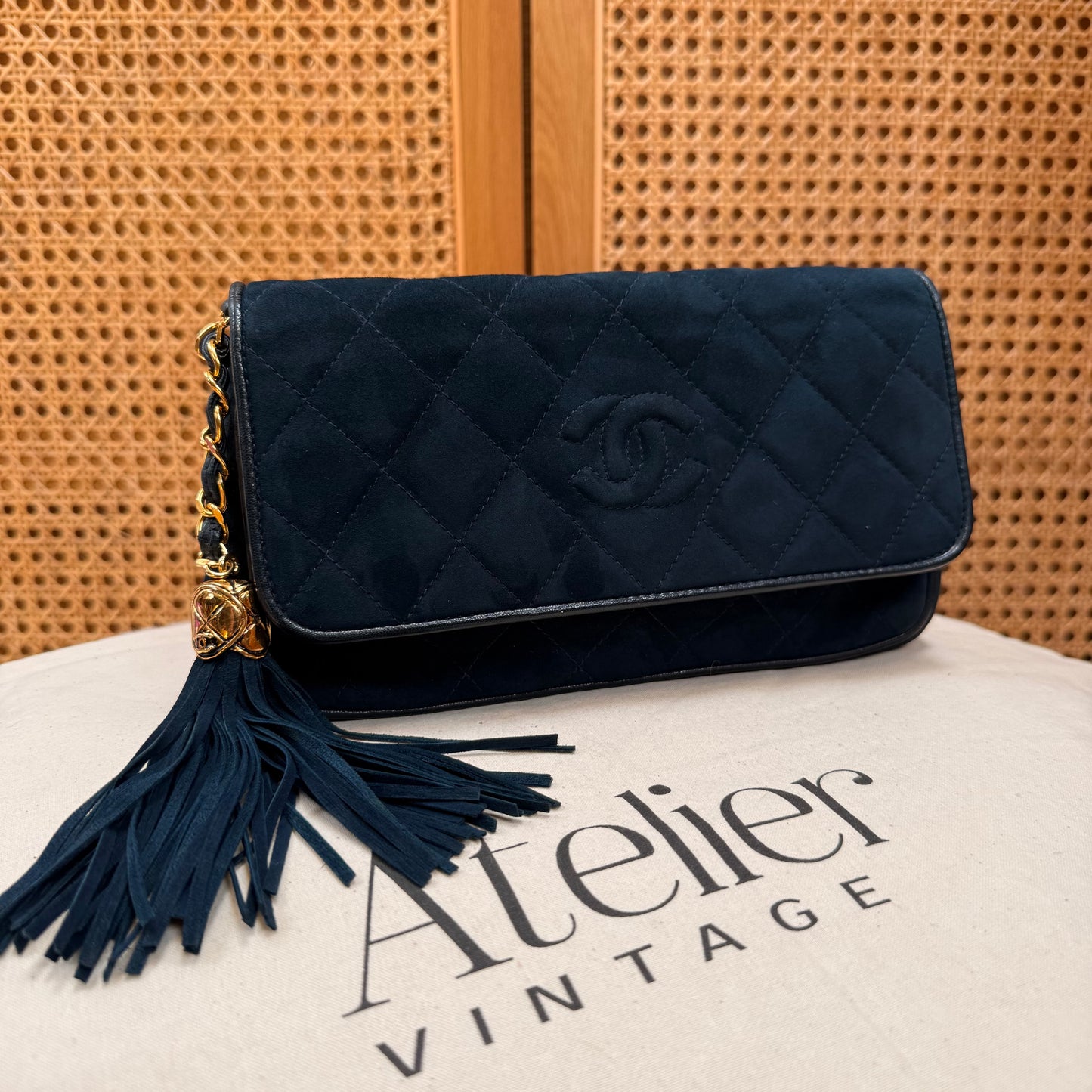Chanel Rare 1989 Teal Suede CC Quilted Clutch