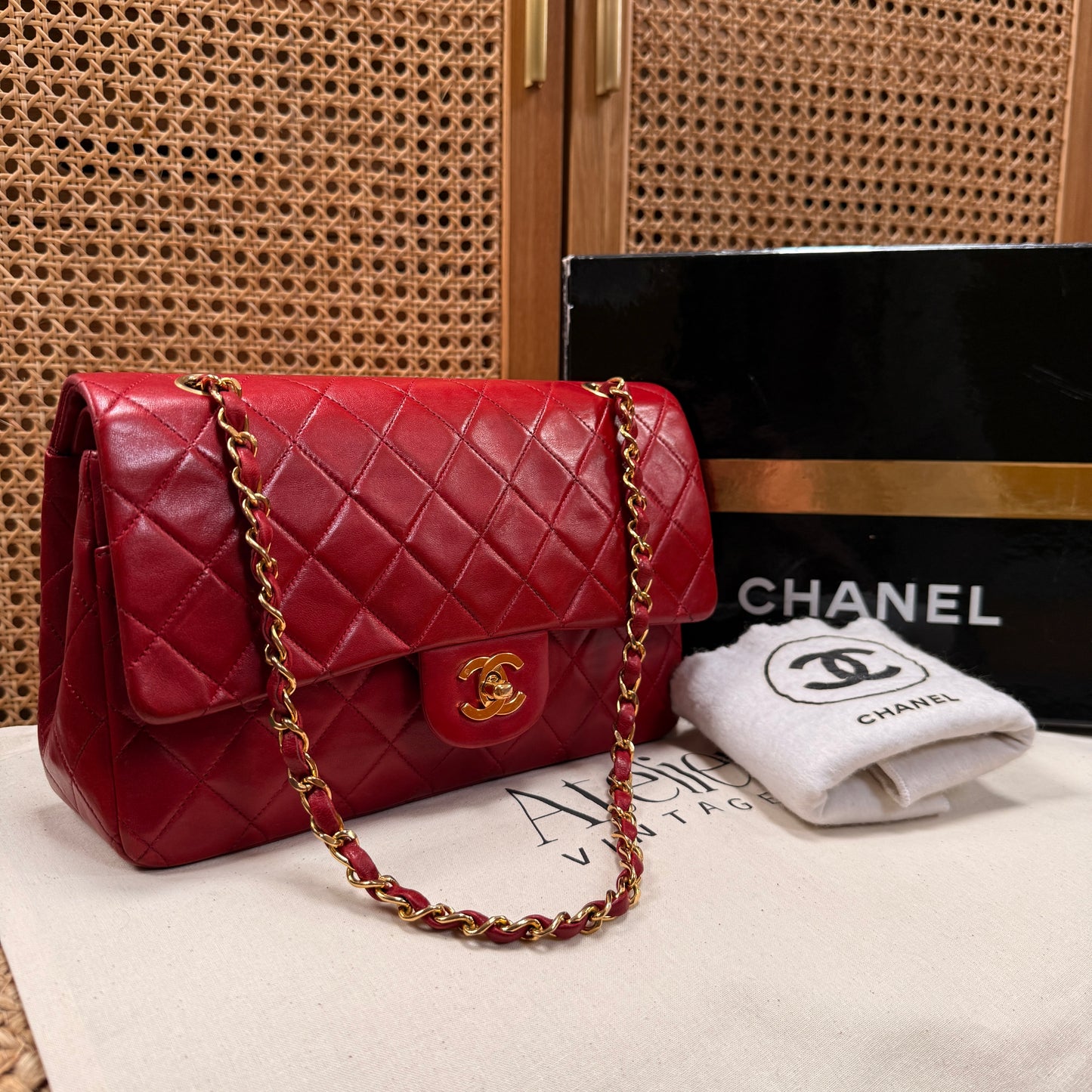 Chanel 1989 Red Lambskin Leather Classic Double Flap in Medium with 24k Gold Hardware