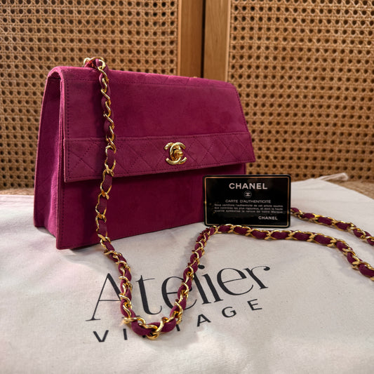 Chanel 1989 ULTRA RARE Raspberry Suede trapeze single flap