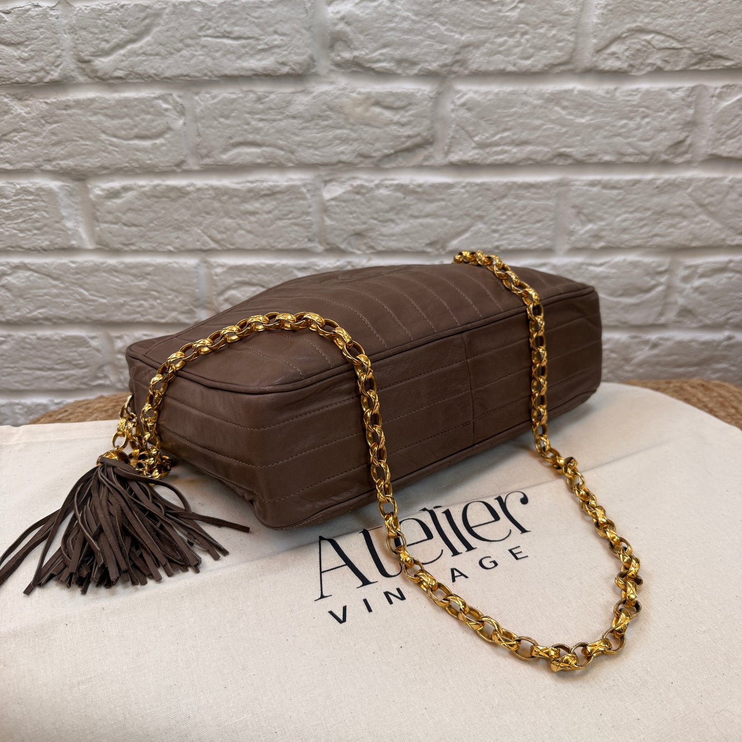 Chanel Rare 1980s Mademoiselle Camera Bag with Bijoux chain in Taupe