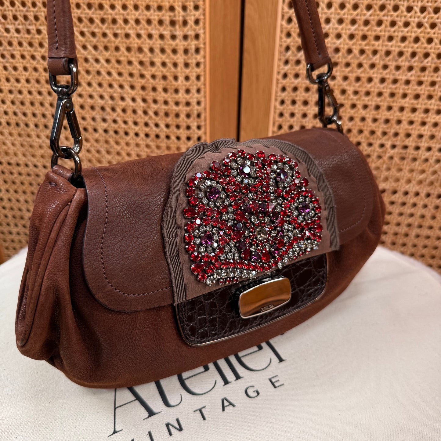 Prada 2002 Brown & Embellished Jewel Two Way Shoulder Bag
