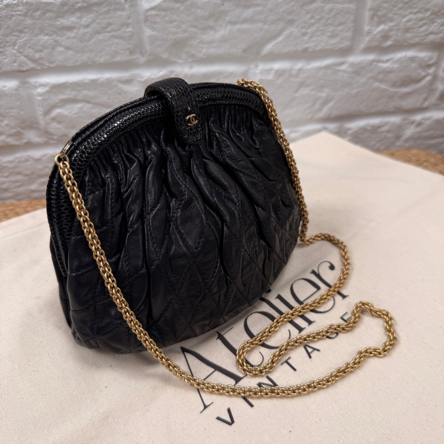 Chanel ULTRA RARE Early 1980s Navy Lambskin & Lizard Skin Kiss lock Frame Bag