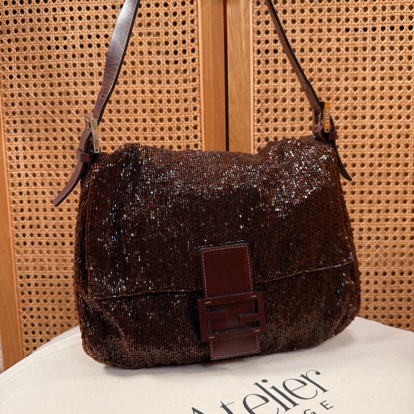 Fendi 2000 Rare Mamma Baguette Bronze - Limited Edition full glass beaded with chocolate leather