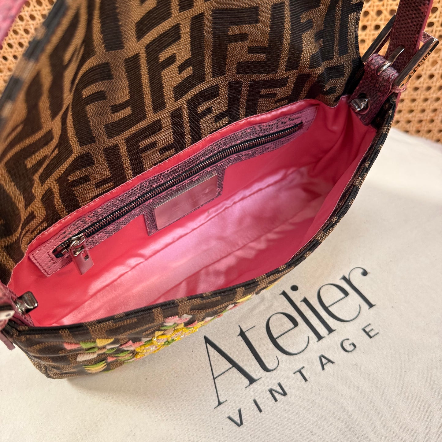 Fendi 2004 Rare Baguette Embroidered Zucca Print - Limited Edition glass bead and embroidered with exotic leather