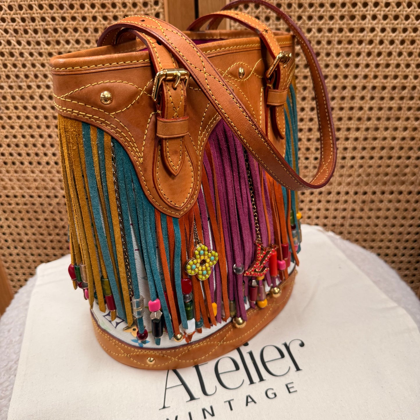 Louis Vuitton 2006 ULTRA RARE Murakami Suede and Beaded Fringe Bucket Bag