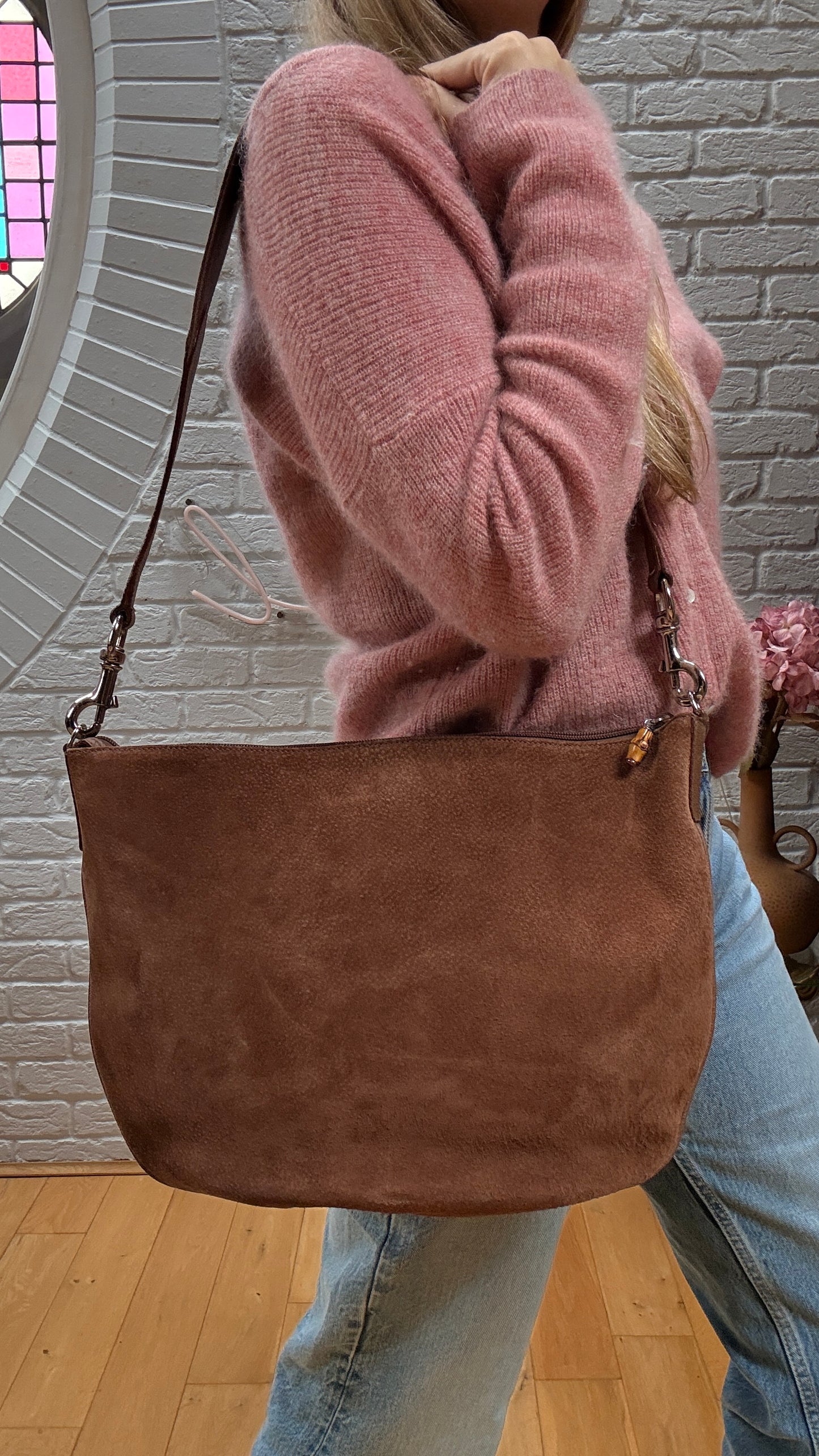 Gucci 2000s Gucci Suede Two Way Bamboo Cross Body Messenger