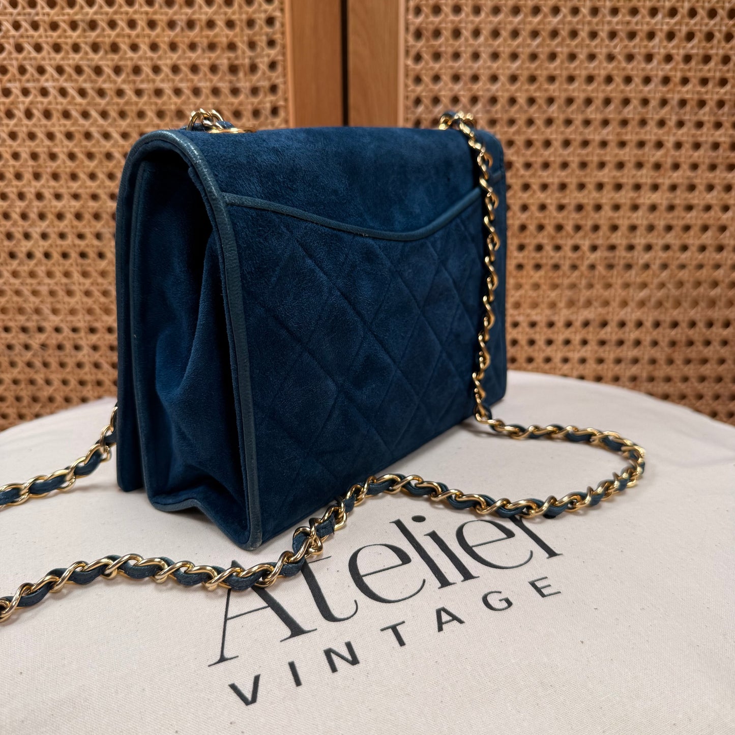 Chanel Rare 1989 Teal Suede CC Quilted Full Flap