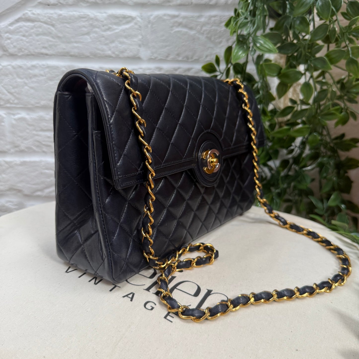 Chanel 1993 Navy Paris limited edition two tone turnlock single flap