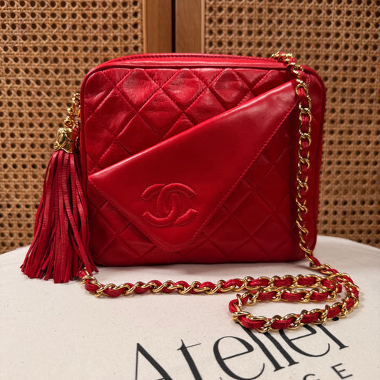 Chanel 1989 Red Quilted Tassel Camera Bag