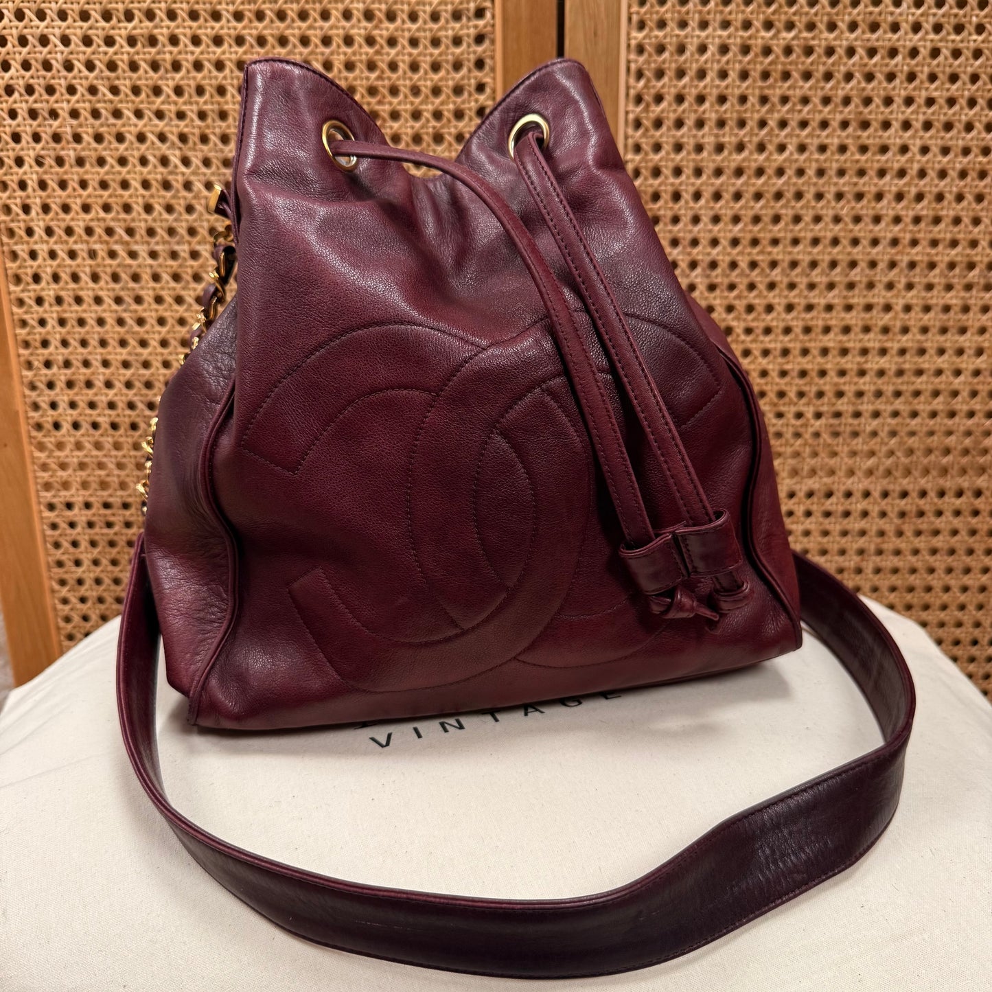Chanel 1993 Rare Bordeaux Bucket Bag with Pouch