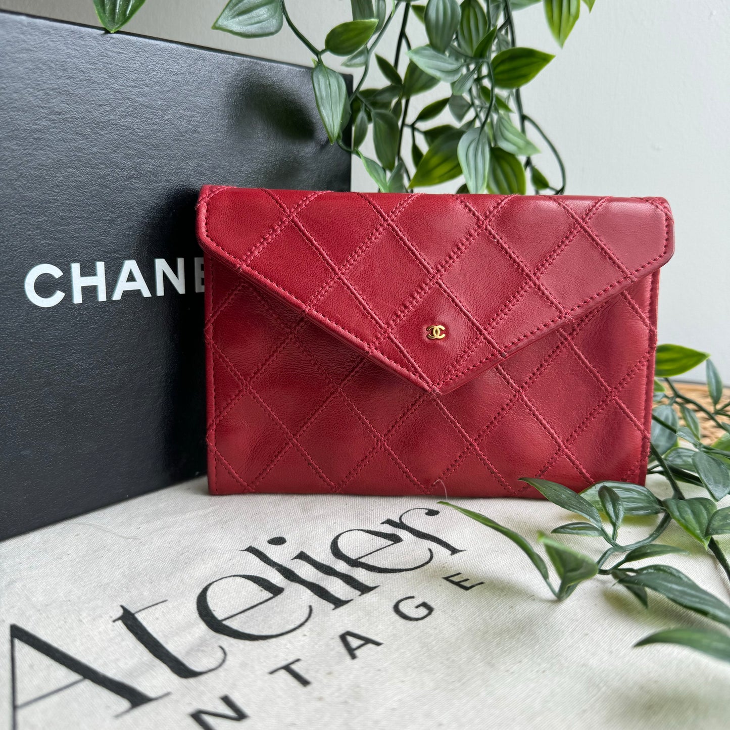 Chanel Rare Poppy Red 1991 Envelope Card & Coin Pouch Boxed