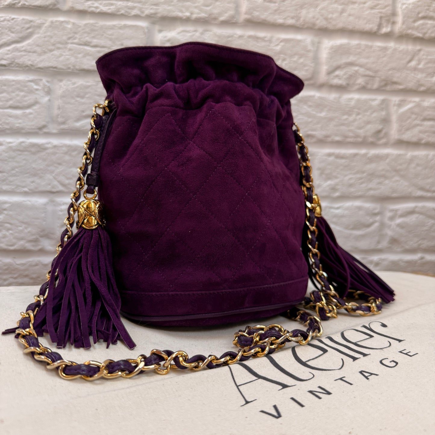Chanel 1989 ultra rare plum suede Quilted Cross Body Bucket Bag