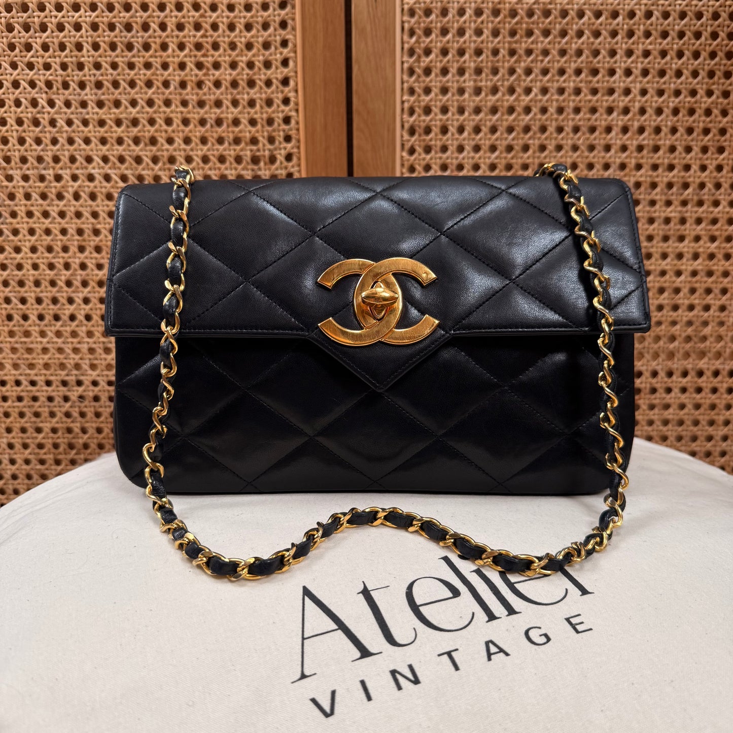 Chanel 1986 Black Limited Edition Jumbo CC Diamond Quilted Single Flap