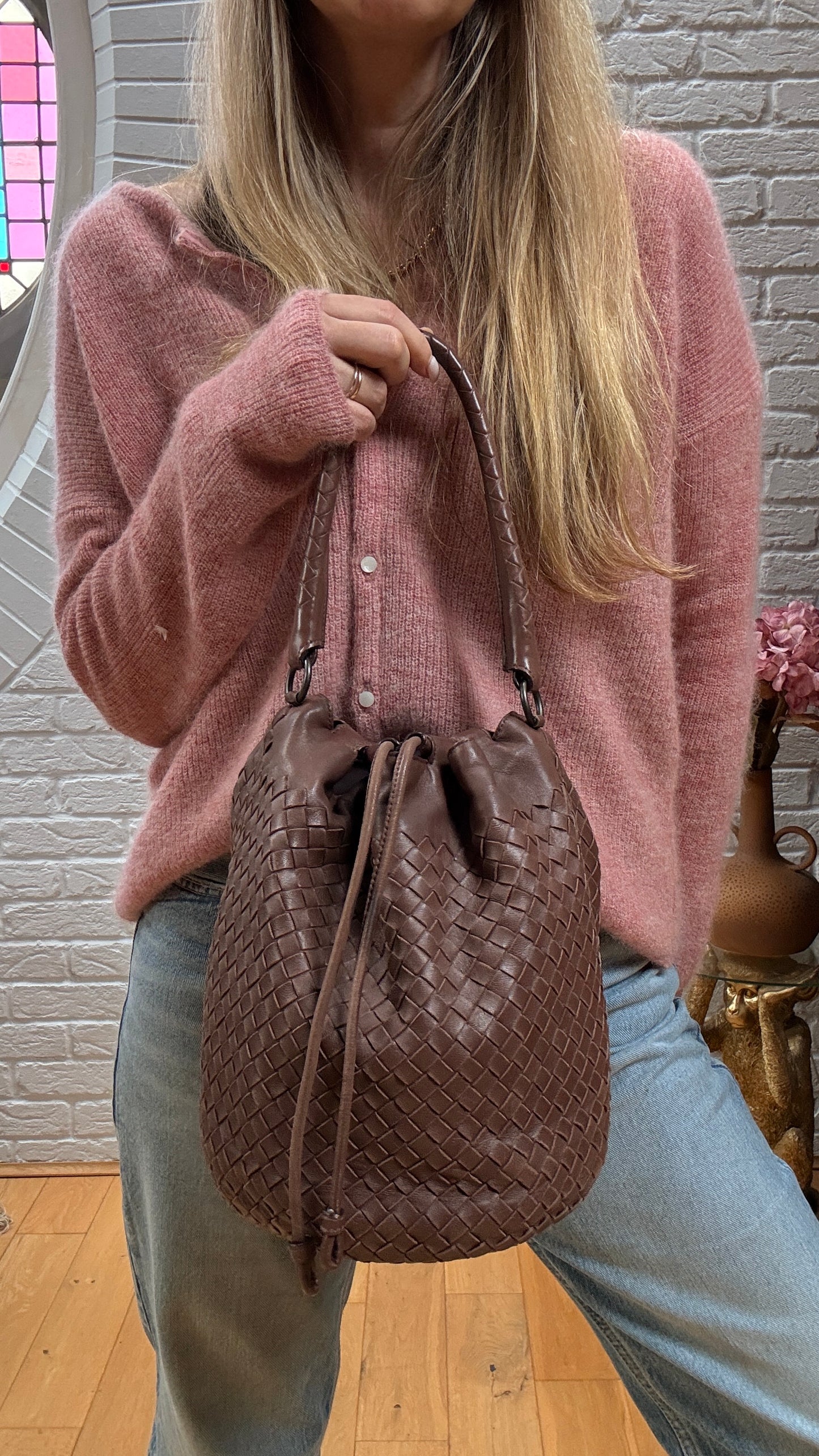Bottega Veneta 1990s Bottega Veneta Tan Woven Leather Bucket Bag