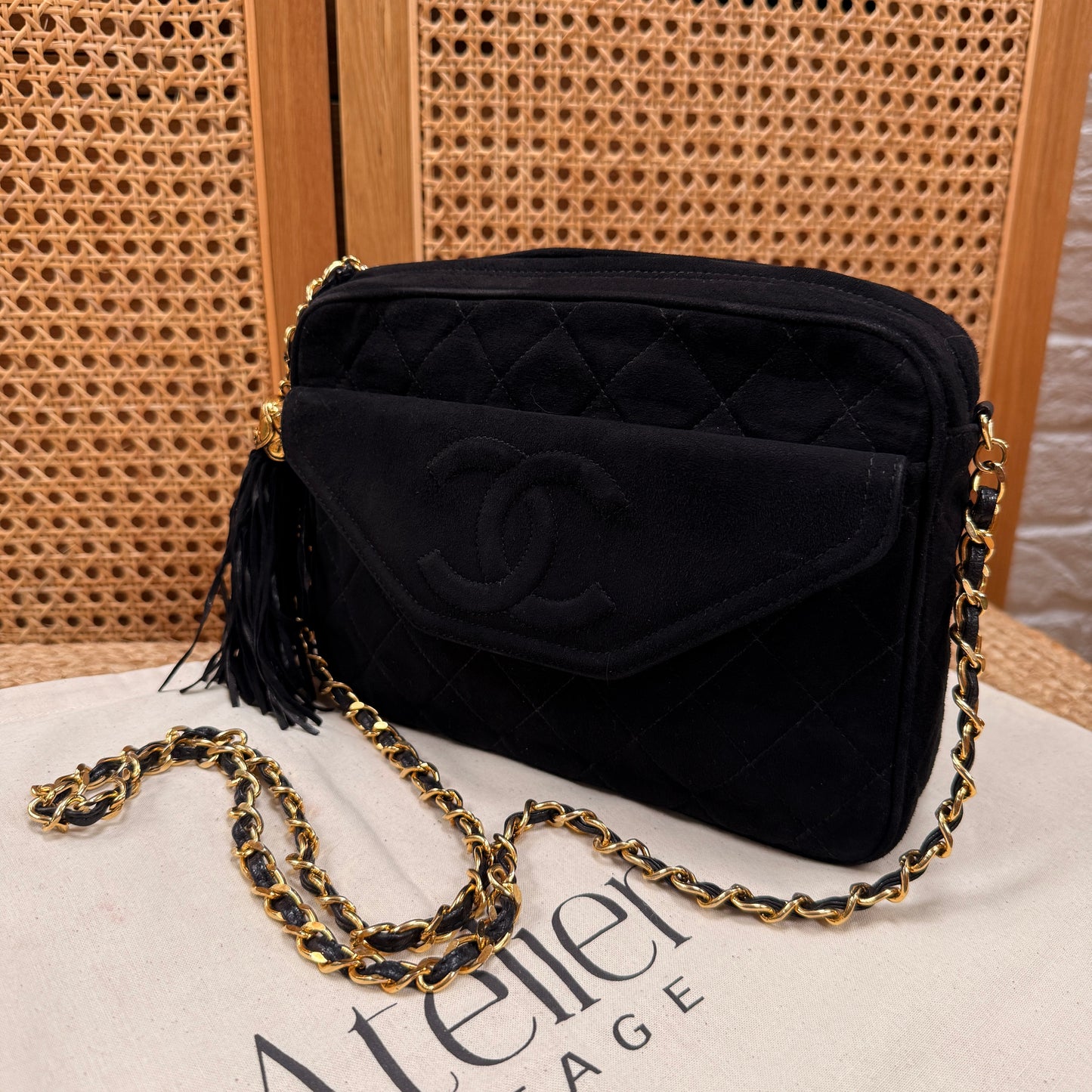Chanel 1989 Rare Black Suede Front Flap Camera Bag