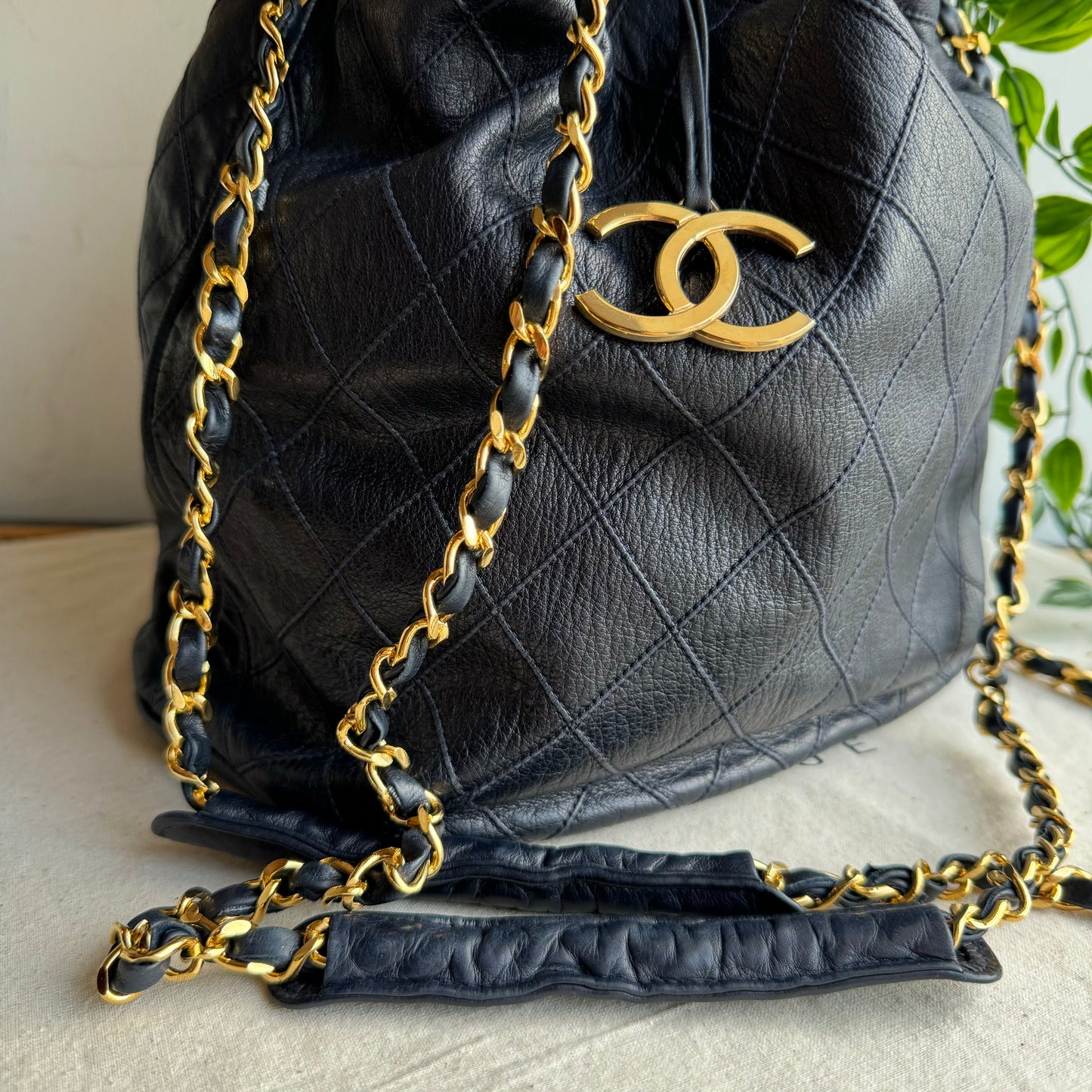 Chanel 1986 Navy CC Charm Bucket Bag
