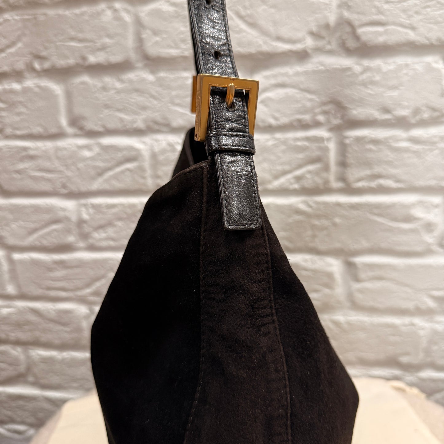 Fendi Rare Fendi Baguette Cross Body Tote in black suede with limited edition enamel closure