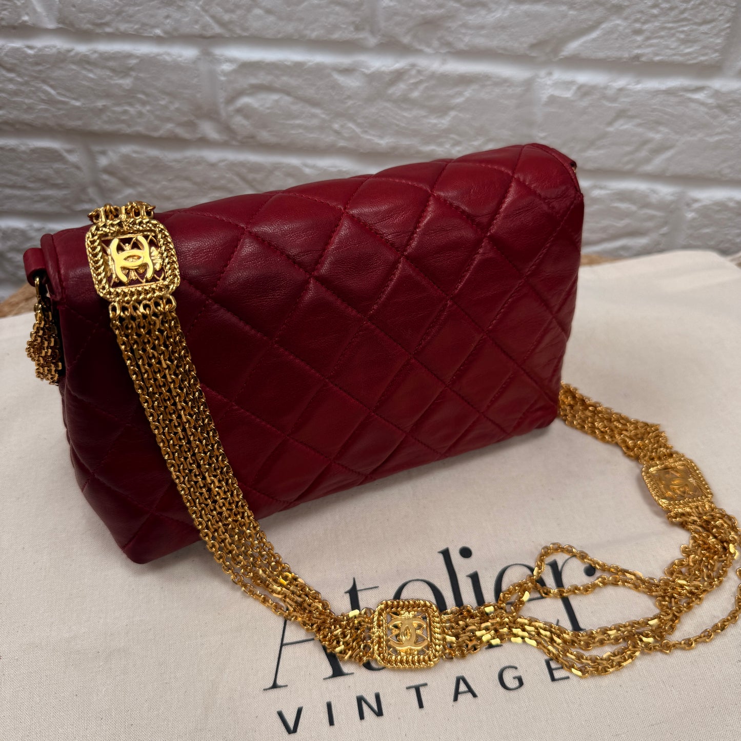 Chanel ULTRA RARE 1986 Single Flap with six strand 24k gold plated chain with CC logo stations