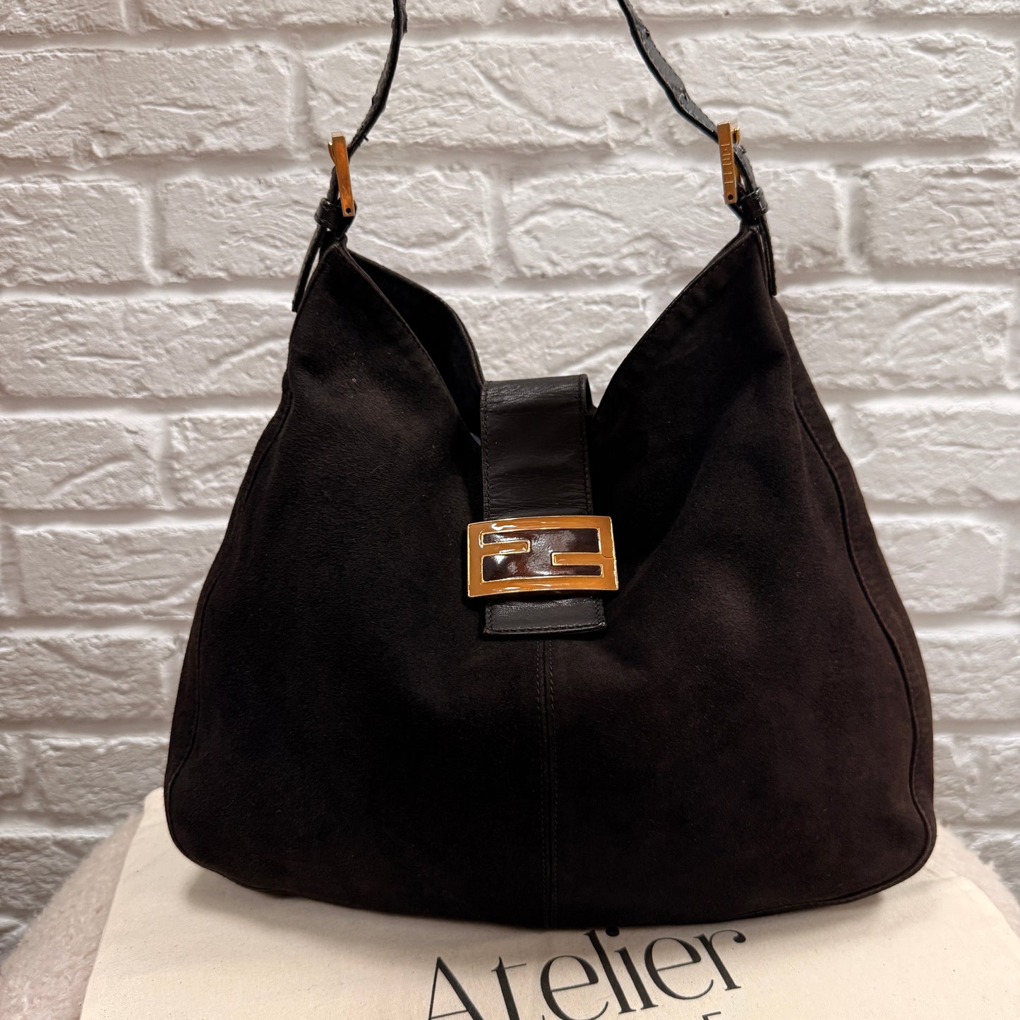 Fendi Rare Fendi Baguette Cross Body Tote in black suede with limited edition enamel closure